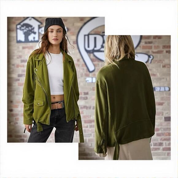Free People We the Free Rebel Knit Moto Jacket Green Oversized Full Zip Size L - Picture 1 of 12